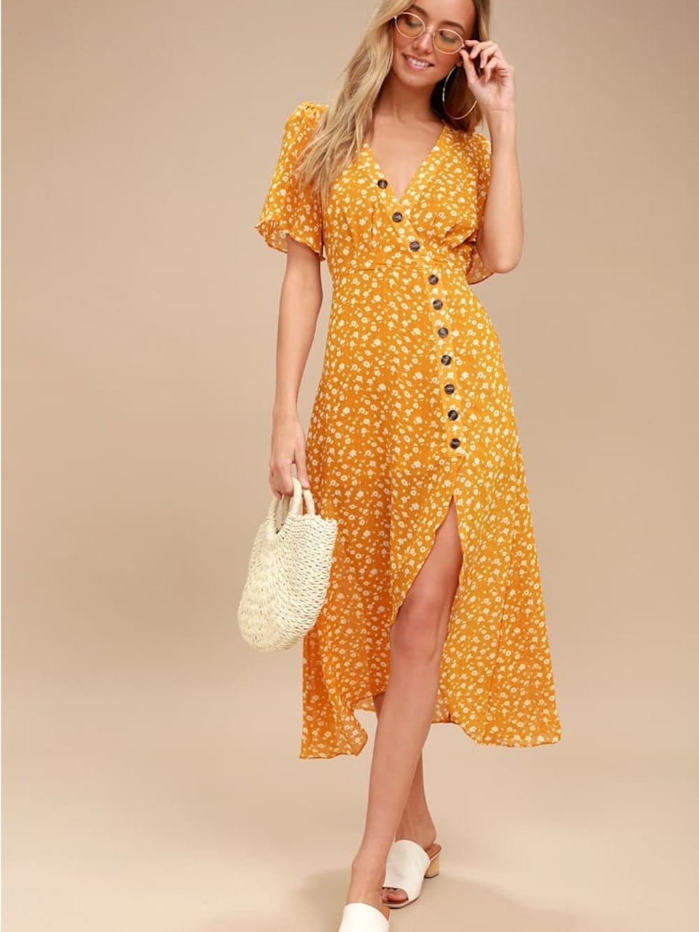 Lulu's Mustard Yellow Floral High-Low Button Midi Dress